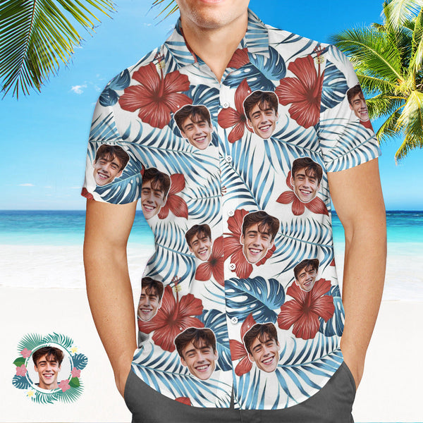 Benutzerdefiniertes Herrenhemd Mit Allover-print, Hawaiihemd, Weißer Hibiskus - GesichtSocken
