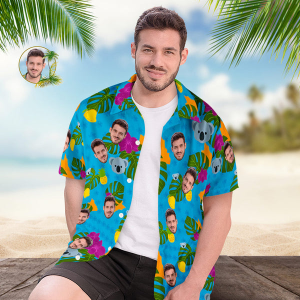 Hawaii-hemd Für Herren Mit Individuellem Gesichts-allover-print, Süßes Koala- Und Blätter-geschenk Für Ihn - GesichtSocken