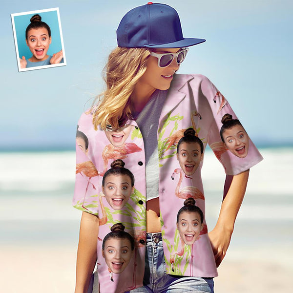 Benutzerdefiniertes Gesicht Hawaiihemd Für Frauen Das Foto-Hawaii-Shirt Der Personalisierten Frauen Geschenk Für Sie - Rosa Flamingo